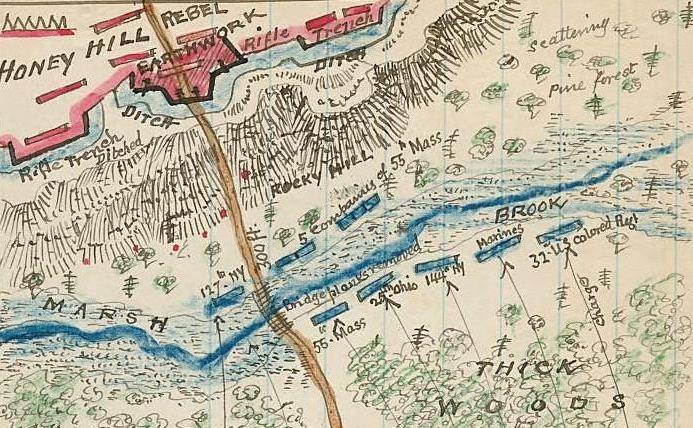 Historic hand-drawn map of the Honey Hill battlefield area in South Carolina showing troop positions, marshland, roads, and waterways during the Civil War.