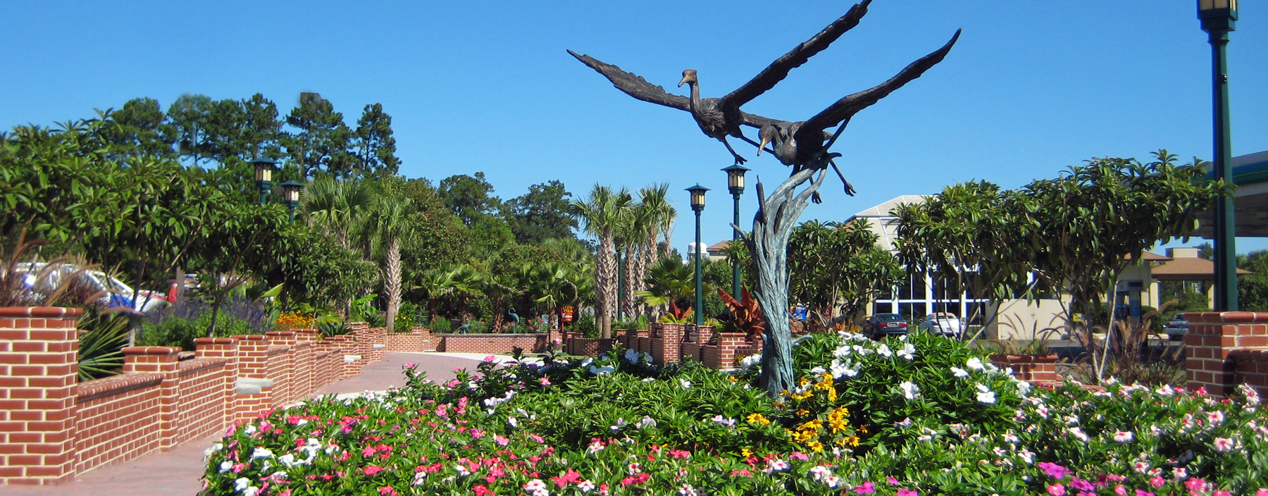 Wide panoramic view of Ralph Tuten Memorial Park featuring a bronze sculpture of two great blue herons in flight mounted on a bare branch pedestal, surrounded by a lush circular garden bed filled with pink, white, and yellow flowers. Green lamp posts, low brick retaining walls, sabal palm trees, pine trees, and ornamental shrubs line the park's serpentine walkway. Commercial buildings are visible in the background under a bright blue sky.