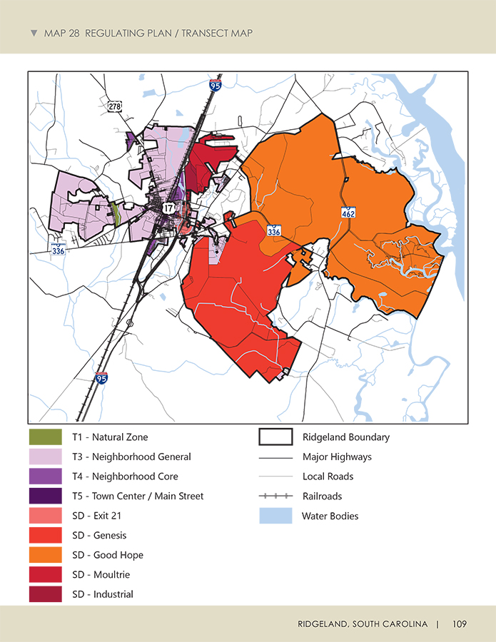 Map 28 Regulating Plan and Transect Map from the Town of Ridgeland, South Carolina Comprehensive Plan, page 109. The color-coded map shows nine transect and special district zoning designations within the Ridgeland municipal boundary: T1 Natural Zone (olive green), T3 Neighborhood General (light purple), T4 Neighborhood Core (medium purple), T5 Town Center and Main Street (dark purple), SD Exit 21 (light pink), SD Genesis (red-orange), SD Good Hope (orange), SD Moultrie (dark pink), and SD Industrial (dark maroon). Major highways shown include Interstate 95, US Highway 17, SC Route 336, and SC Route 462. Map features also include local roads, railroads, and water bodies.