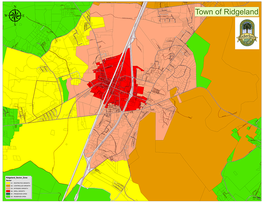 Town of Ridgeland GIS Sector Zone Map dated December 2009, showing six color-coded land use growth classifications across the town and surrounding area. Zones include G1 Restricted Growth (yellow), O2 Controlled Growth (light orange), G3 Intended Growth (peach/salmon), G4 Infill Growth (red), O1 Preserved Open (bright green), and O2 Reserved Open (brown/tan). The town core and established neighborhoods are shown in the G4 Infill Growth zone at the center. A north arrow compass is displayed in the upper left, and the Town of Ridgeland seal appears in the upper right.