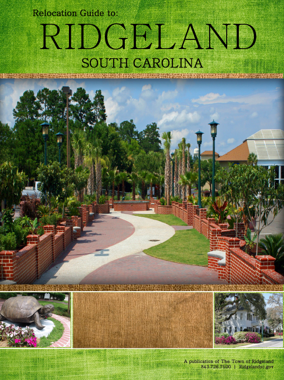 Cover of the Ridgeland, South Carolina relocation guide featuring a landscaped walking path, palm trees, and residential scenery in Ridgeland, SC.