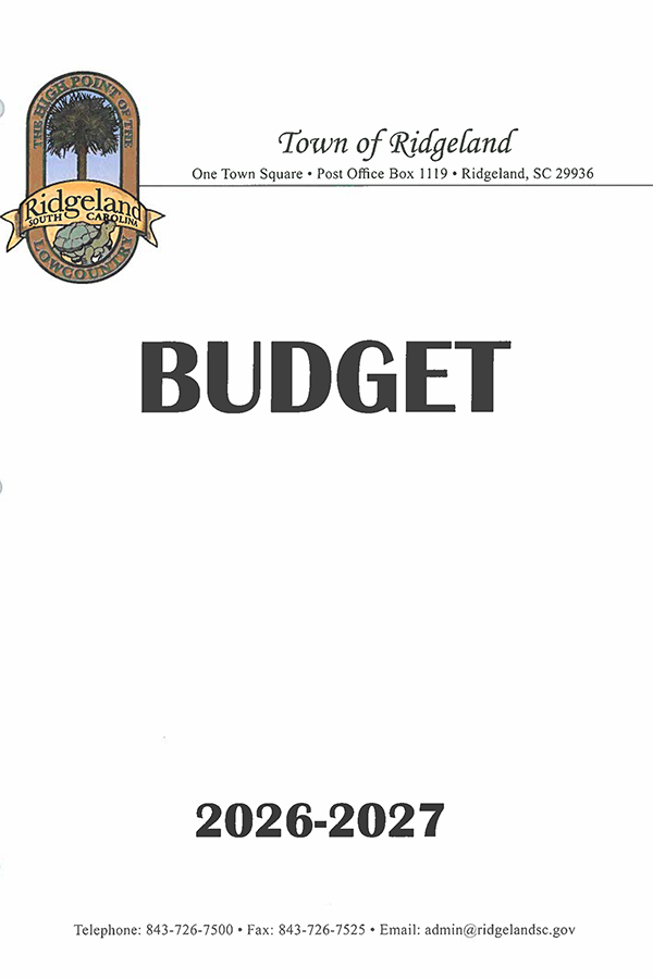 Cover page of the Town of Ridgeland, South Carolina Government-Wide Adopted Budget Statements and Other Financial Information report for the year 2026-27, with Independent Auditors' Report. The Town of Ridgeland seal appears at the top. Listed officials include Mayor Joseph N. Malphrus Jr.; Town Council Members Josephine Boyles, William H. Fishburne, Libby H. Malphrus, and Tommy Rhodes; Town Administrator Dennis E. Averkin; and Finance Director Chance Rountree.