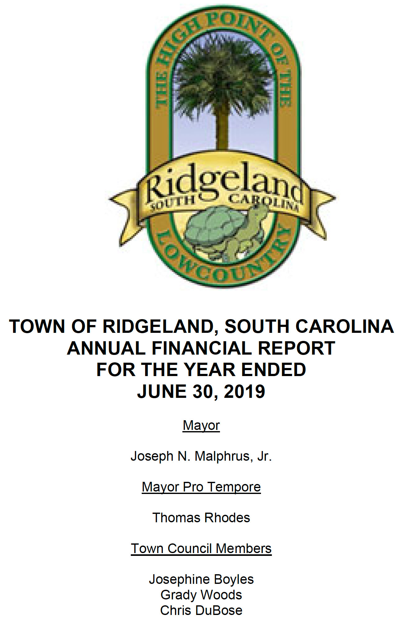 Cover page of the Town of Ridgeland, South Carolina Government-Wide Financial Statements and Other Financial Information report for the year ended June 30, 2019, with Independent Auditors' Report. The Town of Ridgeland seal appears at the top. Listed officials include Mayor Joseph N. Malphrus Jr.; Town Council Members Josephine Boyles, William H. Fishburne, Libby H. Malphrus, and Tommy Rhodes; Town Administrator Dennis E. Averkin; and Finance Director Chance Rountree.