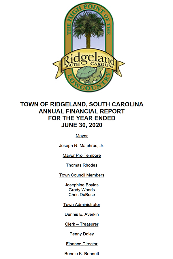 Cover page of the Town of Ridgeland, South Carolina Government-Wide Financial Statements and Other Financial Information report for the year ended June 30, 2020, with Independent Auditors' Report. The Town of Ridgeland seal appears at the top. Listed officials include Mayor Joseph N. Malphrus Jr.; Town Council Members Josephine Boyles, William H. Fishburne, Libby H. Malphrus, and Tommy Rhodes; Town Administrator Dennis E. Averkin; and Finance Director Chance Rountree.