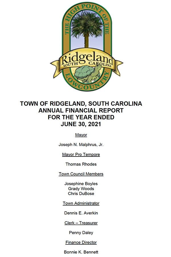 Cover page of the Town of Ridgeland, South Carolina Government-Wide Financial Statements and Other Financial Information report for the year ended June 30, 2021, with Independent Auditors' Report. The Town of Ridgeland seal appears at the top. Listed officials include Mayor Joseph N. Malphrus Jr.; Town Council Members Josephine Boyles, William H. Fishburne, Libby H. Malphrus, and Tommy Rhodes; Town Administrator Dennis E. Averkin; and Finance Director Chance Rountree.