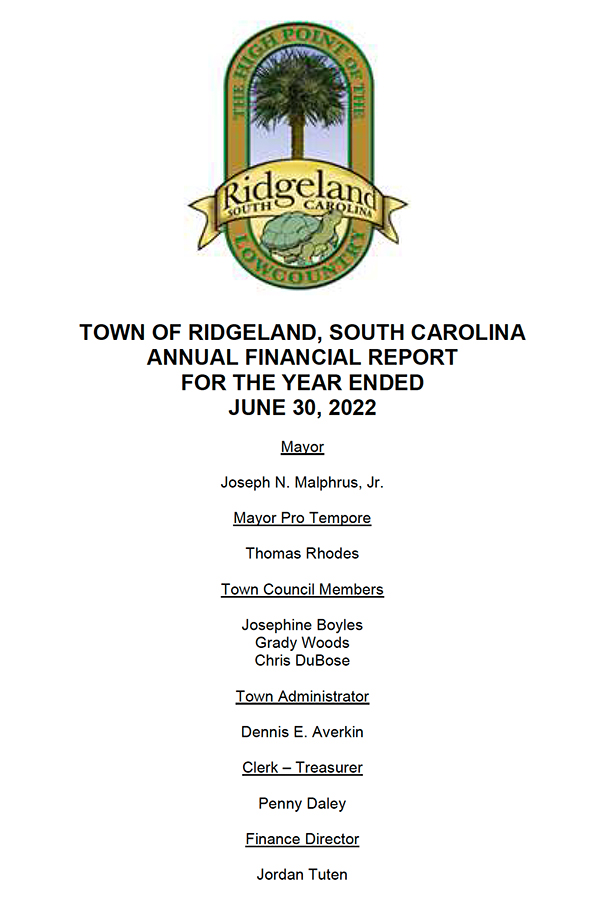 Cover page of the Town of Ridgeland, South Carolina Government-Wide Financial Statements and Other Financial Information report for the year ended June 30, 2022, with Independent Auditors' Report. The Town of Ridgeland seal appears at the top. Listed officials include Mayor Joseph N. Malphrus Jr.; Town Council Members Josephine Boyles, William H. Fishburne, Libby H. Malphrus, and Tommy Rhodes; Town Administrator Dennis E. Averkin; and Finance Director Chance Rountree.