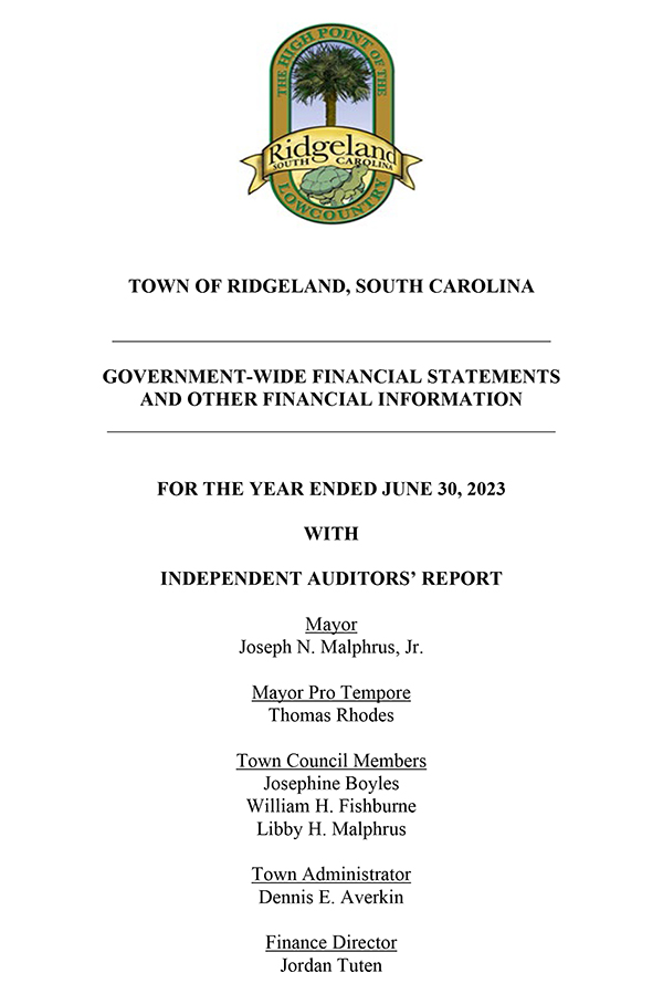 Cover page of the Town of Ridgeland, South Carolina Government-Wide Financial Statements and Other Financial Information report for the year ended June 30, 2023, with Independent Auditors' Report. The Town of Ridgeland seal appears at the top. Listed officials include Mayor Joseph N. Malphrus Jr.; Town Council Members Josephine Boyles, William H. Fishburne, Libby H. Malphrus, and Tommy Rhodes; Town Administrator Dennis E. Averkin; and Finance Director Chance Rountree.