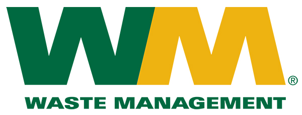 Waste Management company logo featuring a large stylized 'WM' monogram in green and gold, with the words 'Waste Management' in bold green letters below and a registered trademark symbol.